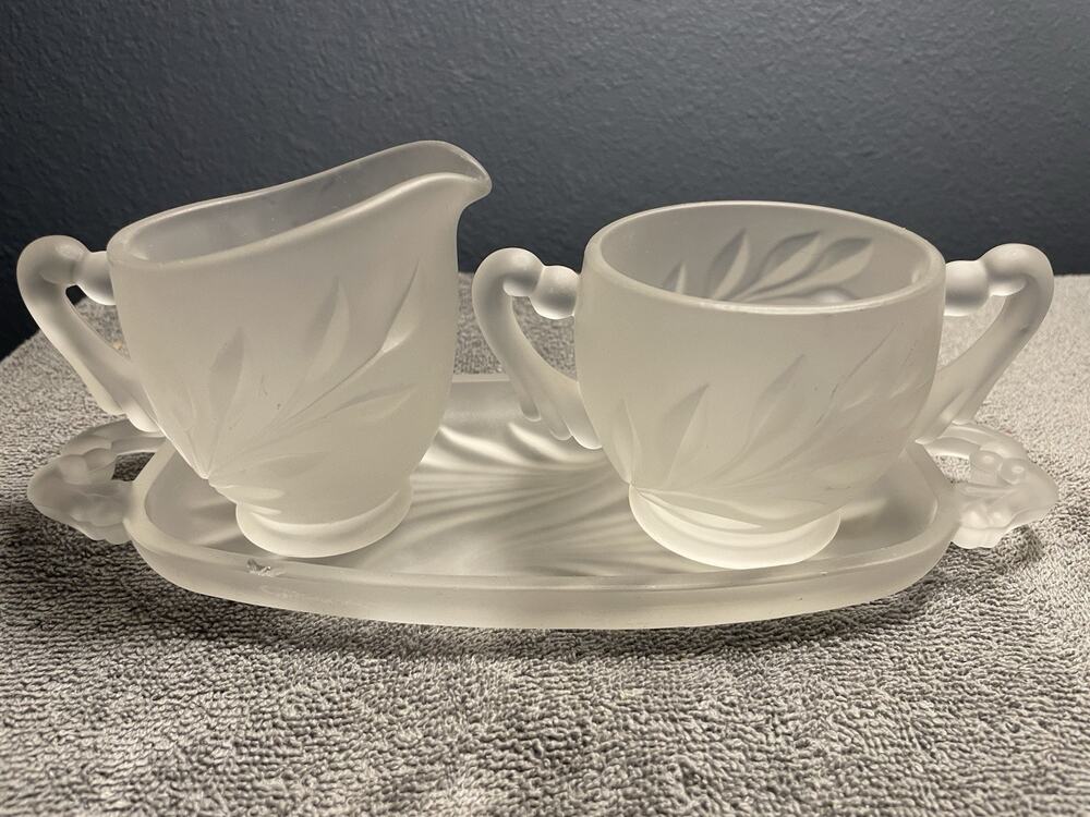 Vintage Indiana Glass Willow Frosted Creamer Sugar Bowl Tray Set MCM